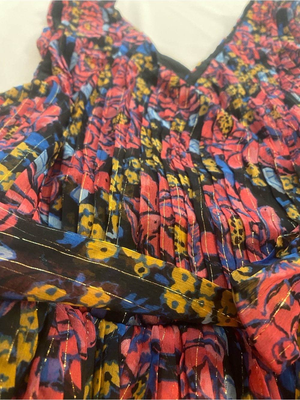 Modcloth Floral Sleeves Midi Dress Black Pink Red Gold Yellow Belted size XL - Picture 6 of 15